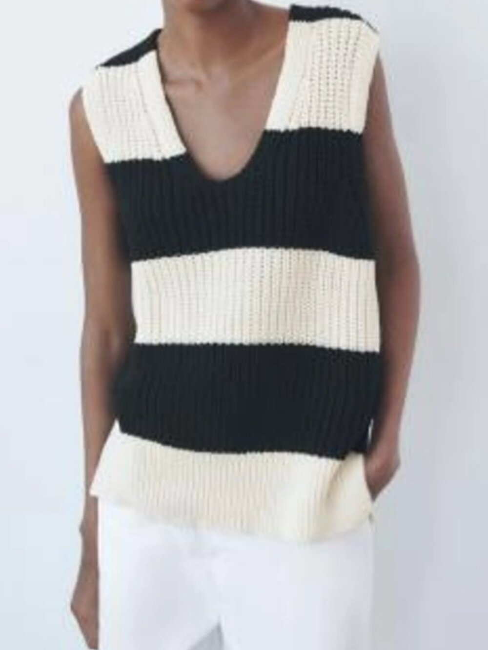 Zara Knit Sweater Vest Striped Dark Blue White Casual Streetwear